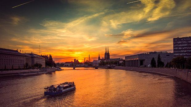 Boat at sunset in Antwerp