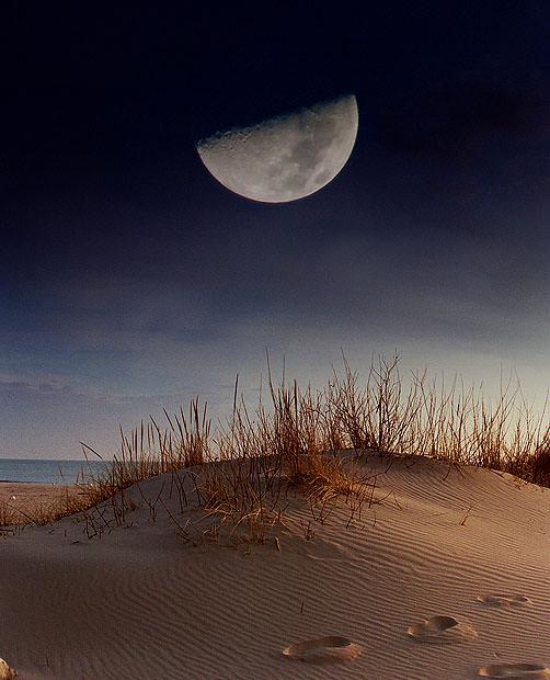 Moon over sand dunes